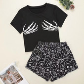 Új stílusú női rajzfilm csontváz ujjak nyomattal rövid ujjú pólók és rövidnadrágok pizsama szett nyári kényelmes hálóruha otthoni öltönyök