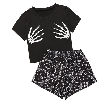 Új stílusú női rajzfilm csontváz ujjak nyomattal rövid ujjú pólók és rövidnadrágok pizsama szett nyári kényelmes hálóruha otthoni öltönyök