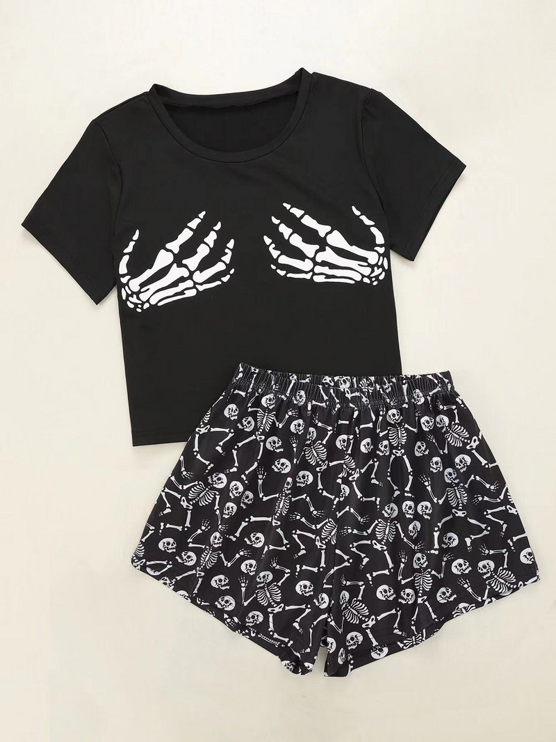 Új stílusú női rajzfilm csontváz ujjak nyomattal rövid ujjú pólók és rövidnadrágok pizsama szett nyári kényelmes hálóruha otthoni öltönyök