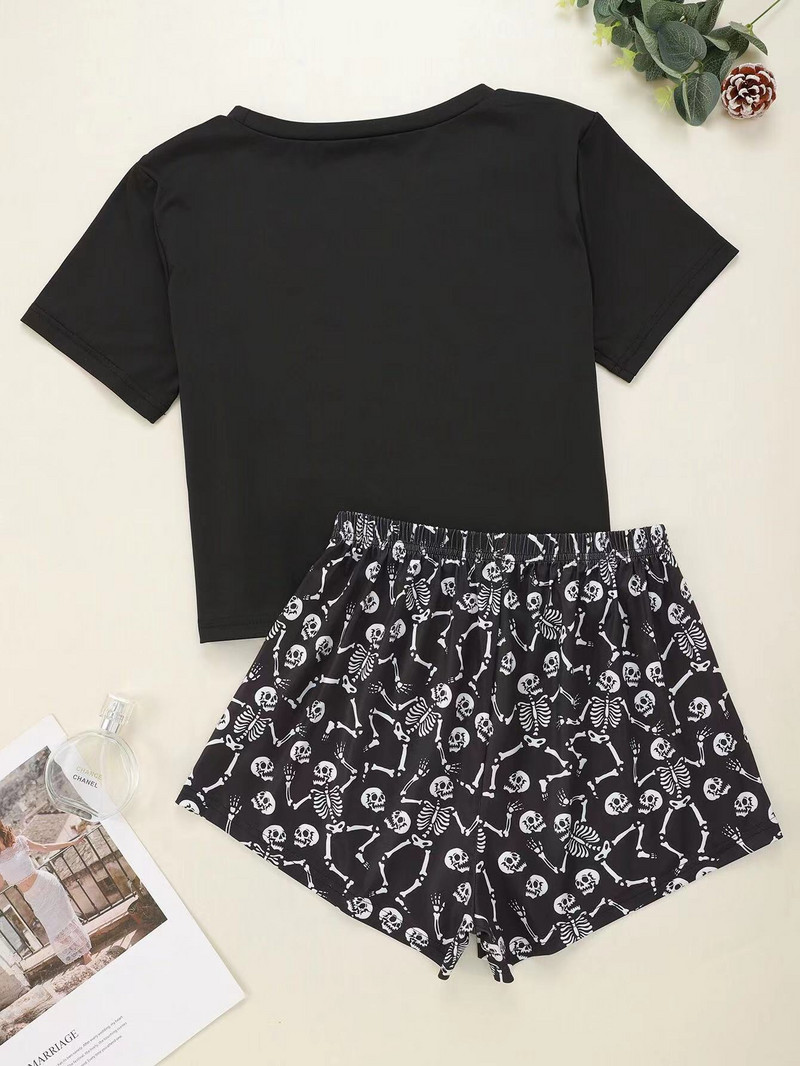 Új stílusú női rajzfilm csontváz ujjak nyomattal rövid ujjú pólók és rövidnadrágok pizsama szett nyári kényelmes hálóruha otthoni öltönyök