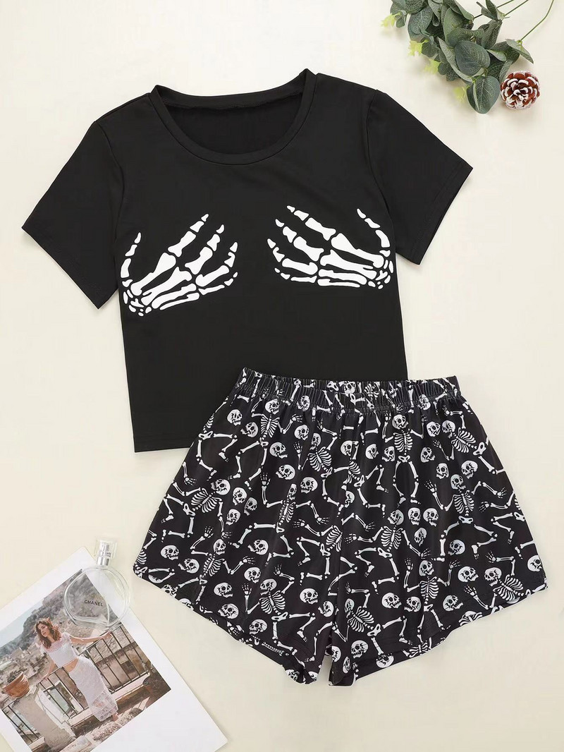 Új stílusú női rajzfilm csontváz ujjak nyomattal rövid ujjú pólók és rövidnadrágok pizsama szett nyári kényelmes hálóruha otthoni öltönyök
