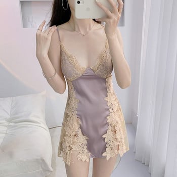 Lady Sexy Strap Nightdress Lace Hollow Out Sleepwear Nighty Gown ΝΕΟ καλοκαιρινό γυναικείο νυχτικό μπουρνούζι Μεταξένια σατέν σαλονάκια