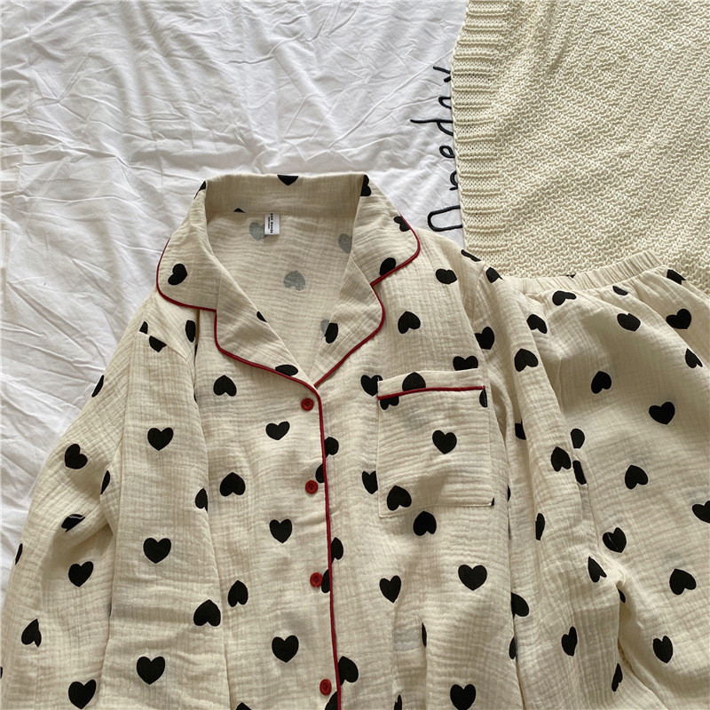 Pamut pizsama női koreai hálóruha szívmintás pizsama női szett 2 részes női hálóruha őszi pizsama hosszú ujjú