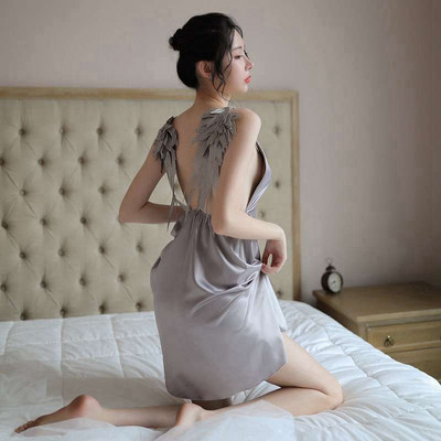 Σέξι με φτερά Νυχτικά Εξώπλατο νυχτερινό φόρεμα βαθύ V Γυναικεία ρούχα Γυναικεία μεταξωτά πυζά