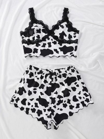 New Style Lady's Summer tehén mintás csipke szélű camisole rövidnadrággal pizsama szett Aranyos komfort szexi otthoni viselet hálóruha fehérnemű