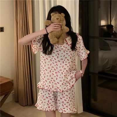 Βαμβακερές Πυτζάμες Κορεάτικες Πυτζάμες Γυναικείες Πιτζάμες Πιτζάμα Cherry Print Γυναικείο Σετ Γυναικείο Σαλόνι 2 τεμαχίων Cute