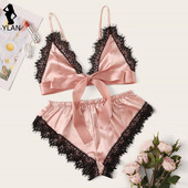 Seksīgs mežģīņu pidžamas komplekts sievietēm, 2 daļīgs guļamveļa pidžama, zīda satīna krūšturis, šorti sievietēm, ērts mājas apģērbs