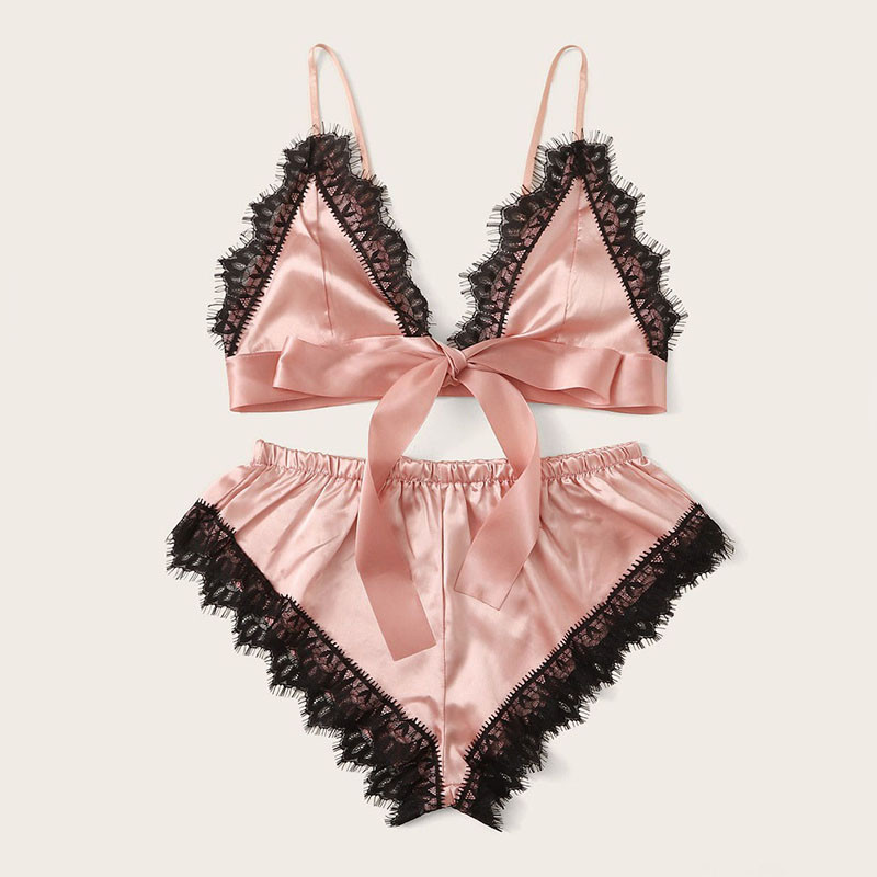 Seksīgs mežģīņu pidžamas komplekts sievietēm, 2 daļīgs guļamveļa pidžama, zīda satīna krūšturis, šorti sievietēm, ērts mājas apģērbs