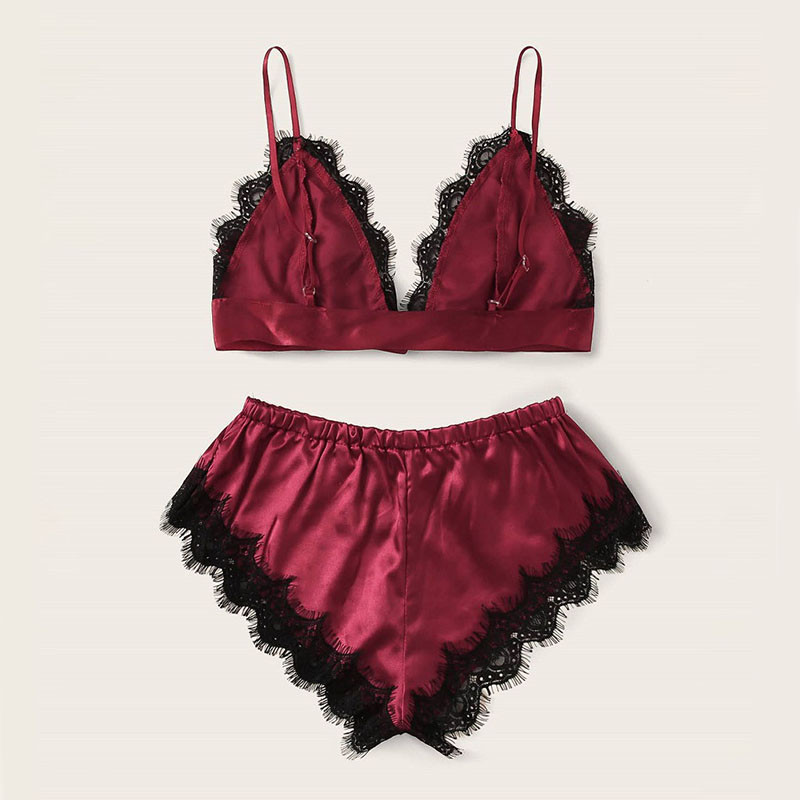 Seksīgs mežģīņu pidžamas komplekts sievietēm, 2 daļīgs guļamveļa pidžama, zīda satīna krūšturis, šorti sievietēm, ērts mājas apģērbs