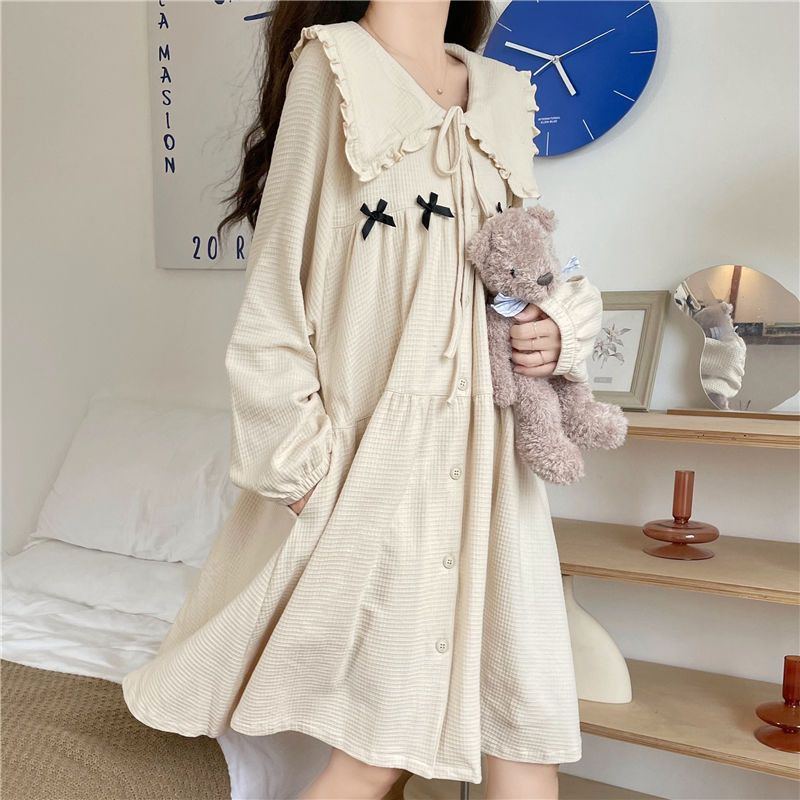 Női hálóingek bő hálóruha Egyszerű, édes hercegnőstílus iskoláslány Ulzzang társalgó meleg akció Őszi masni Divattervezés