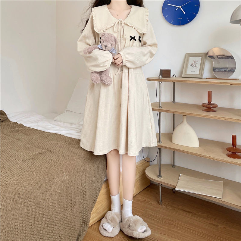 Női hálóingek bő hálóruha Egyszerű, édes hercegnőstílus iskoláslány Ulzzang társalgó meleg akció Őszi masni Divattervezés