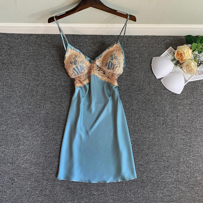 Hálóing Lady szatén V-nyakú ujjatlan alvó ruha nyári csipke szegélyes hálóruha Lounge otthoni pongyola fehérnemű