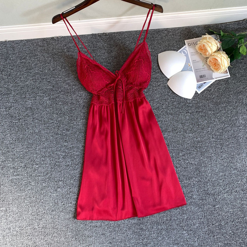 Hálóing Lady szatén V-nyakú ujjatlan alvó ruha nyári csipke szegélyes hálóruha Lounge otthoni pongyola fehérnemű