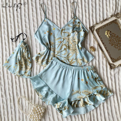 Női selyem szatén pizsama pizsama szett hálóruha Pijama pizsama öltöny női alváshoz, három részes szett nappaliruha Szexi virágos hálóruha