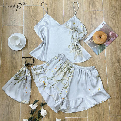 Női selyem szatén pizsama pizsama szett hálóruha Pijama pizsama öltöny női alváshoz, három részes szett nappaliruha Szexi virágos hálóruha