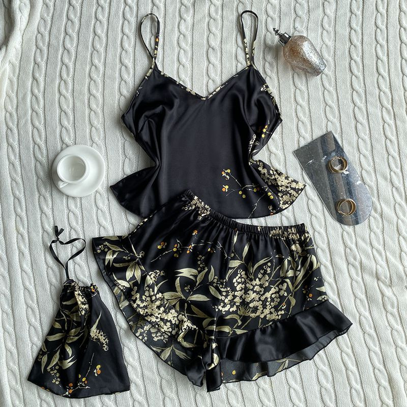 Női selyem szatén pizsama pizsama szett hálóruha Pijama pizsama öltöny női alváshoz, három részes szett nappaliruha Szexi virágos hálóruha