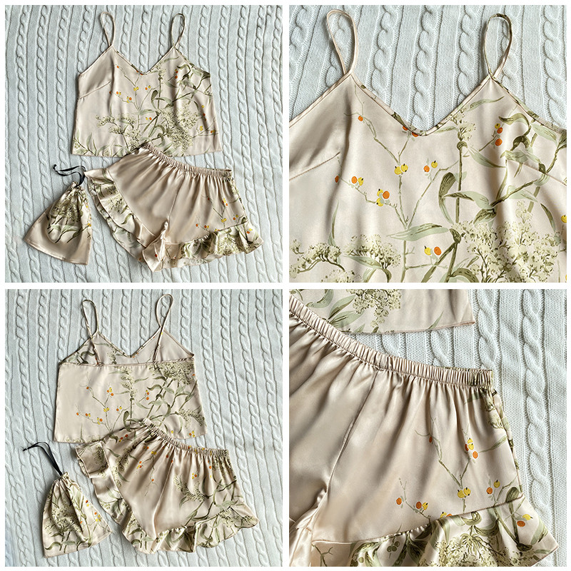 Női selyem szatén pizsama pizsama szett hálóruha Pijama pizsama öltöny női alváshoz, három részes szett nappaliruha Szexi virágos hálóruha