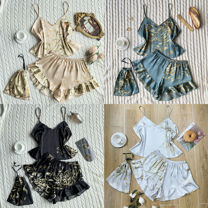 Női selyem szatén pizsama pizsama szett hálóruha Pijama pizsama öltöny női alváshoz, három részes szett nappaliruha Szexi virágos hálóruha