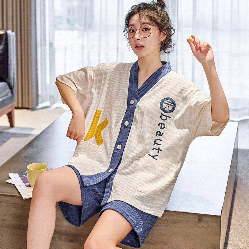 Pamučna kućna odjeća Ženska modna ležerna spavaćica Slatka pidžama Set za djevojku Kawaii spavaćica Ljetna kućna odjeća s V-izrezom