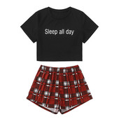 Καλοκαιρινό γυναικείο σετ πιτζάμες Hipster Παντελόνι Κοστούμι μαύρο μπλουζάκι κοντομάνικο εμπριμέ βαμβακερό κοστούμι με σορτς