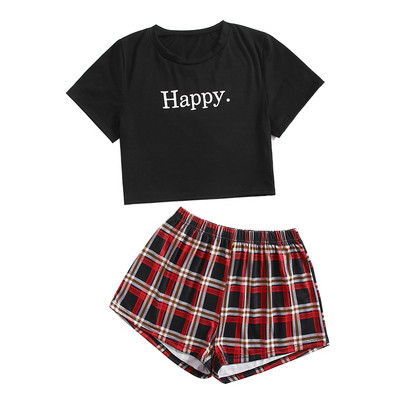 Καλοκαιρινό γυναικείο σετ πιτζάμες Hipster Παντελόνι Κοστούμι μαύρο μπλουζάκι κοντομάνικο εμπριμέ βαμβακερό κοστούμι με σορτς