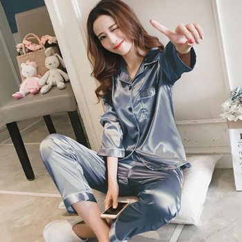 OVERSIZE 3XL 4XL 5XL Γυναικεία Sleepwear Σατέν 2 τμχ Πουκάμισο & Παντελόνι Σετ Πυτζάμες Solid Nightwear Silky Intimate Εσώρουχα Casual Homewear