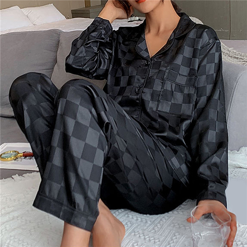 Пижами Дамски копринени пижами с дълги ръкави Пижами Костюм Жакардово каре Висококачествена ледена коприна може да се носи извън дома Пижами