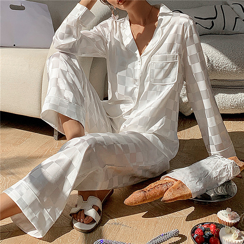 Пижами Дамски копринени пижами с дълги ръкави Пижами Костюм Жакардово каре Висококачествена ледена коприна може да се носи извън дома Пижами
