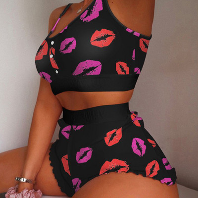 Moteriškas seksualus 2 dalių pižamų rinkinys apatinis trikotažas be rankovių Babydoll pižamos rinkinys Cami Top ir raukiniai šortai, kostiumas miegui Naktiniai drabužiai