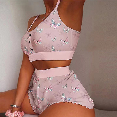 Moteriškas seksualus 2 dalių pižamų rinkinys apatinis trikotažas be rankovių Babydoll pižamos rinkinys Cami Top ir raukiniai šortai, kostiumas miegui Naktiniai drabužiai