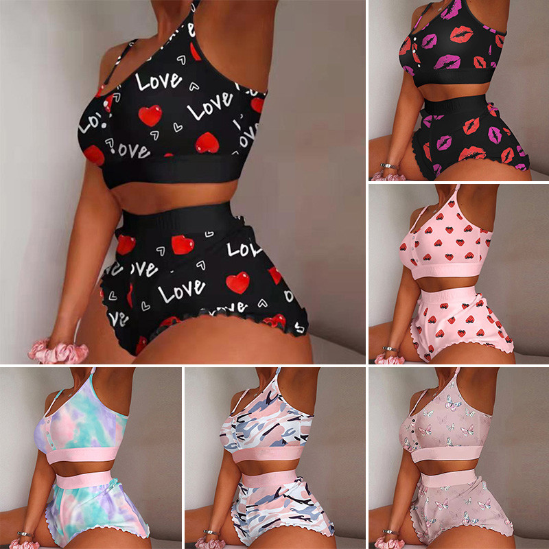 Moteriškas seksualus 2 dalių pižamų rinkinys apatinis trikotažas be rankovių Babydoll pižamos rinkinys Cami Top ir raukiniai šortai, kostiumas miegui Naktiniai drabužiai