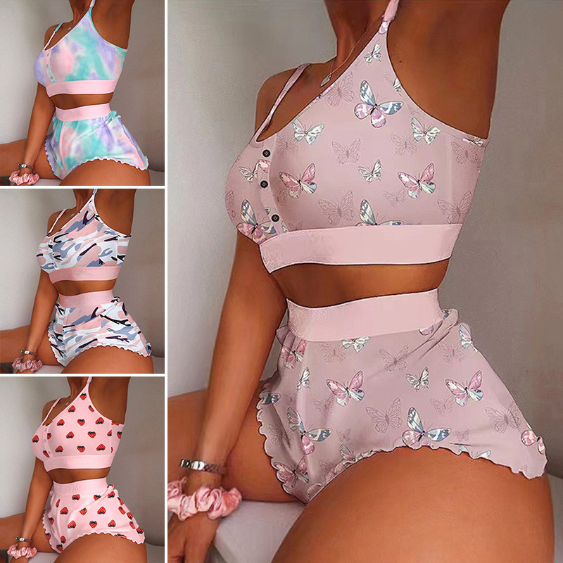 Moteriškas seksualus 2 dalių pižamų rinkinys apatinis trikotažas be rankovių Babydoll pižamos rinkinys Cami Top ir raukiniai šortai, kostiumas miegui Naktiniai drabužiai