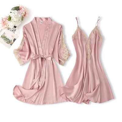 Vasaros, 2 vnt viskozės kimono chalato, chalato rinkinys, nėriniuotas, gėlėtas, seksualus nuotakos chalatas.