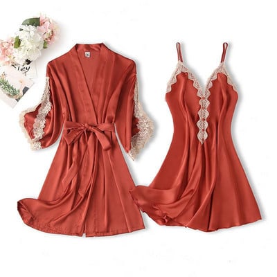 Vasaros, 2 vnt viskozės kimono chalato, chalato rinkinys, nėriniuotas, gėlėtas, seksualus nuotakos chalatas.