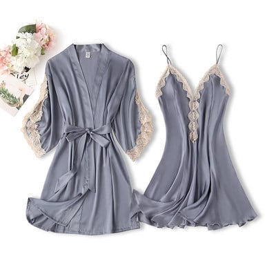 Vasaros, 2 vnt viskozės kimono chalato, chalato rinkinys, nėriniuotas, gėlėtas, seksualus nuotakos chalatas.