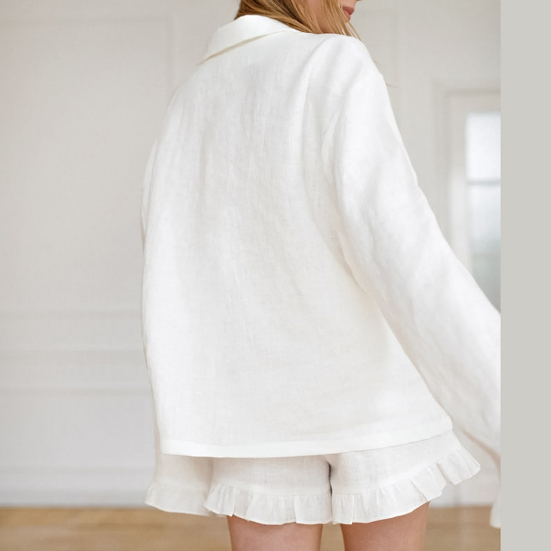 2 τμχ Βαμβακερό σετ πιτζάμες Γυναικεία βολάν με μανίκια μασίφ Sleepwear κοστούμια με σορτς με γυριστό γιακά Σαλόνια μονόστηθο