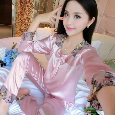 Női pizsama szettek Csipke masni pizsama műselyem szatén pizsama női négyzet gallér hálóruha Rövid ujjú ing nadrág öltöny otthoni ruha