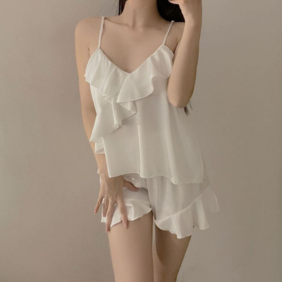 Lisacmvpnel Ledus zīda pidžamas Sieviešu vasaras seksīgi bikšturi Šorti pidžamas Divdaļīgi komplekti ar krūšu polsteriem Salds guļamveļa