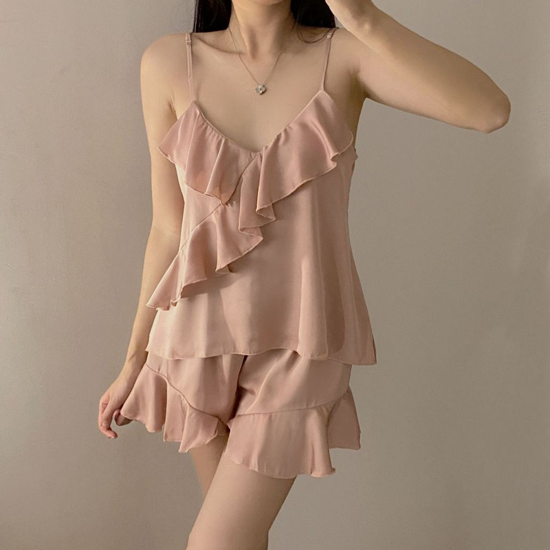 Lisacmvpnel Ledus zīda pidžamas Sieviešu vasaras seksīgi bikšturi Šorti pidžamas Divdaļīgi komplekti ar krūšu polsteriem Salds guļamveļa