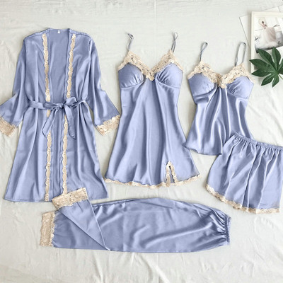 5 vnt šilko chalato komplektas moteriškas nėriniuotas pižamų suknelių komplektas su V formos iškirpte naktiniais drabužiais Naminiai naktiniai drabužiai Pižamos miegamojo kostiumas pavasario naktinis