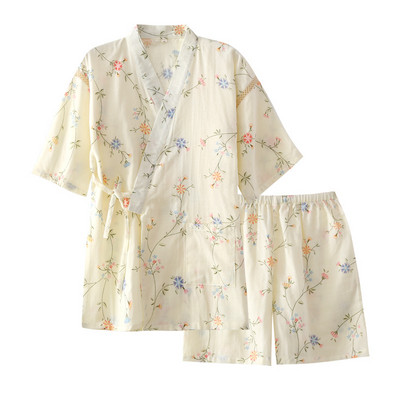 2022 г. Нови летни пижами от муселин за жени Жилетка с V-образно деколте и къси ръкави, 2 бр. Спално облекло, цветно сладко кимоно, памучна пижама