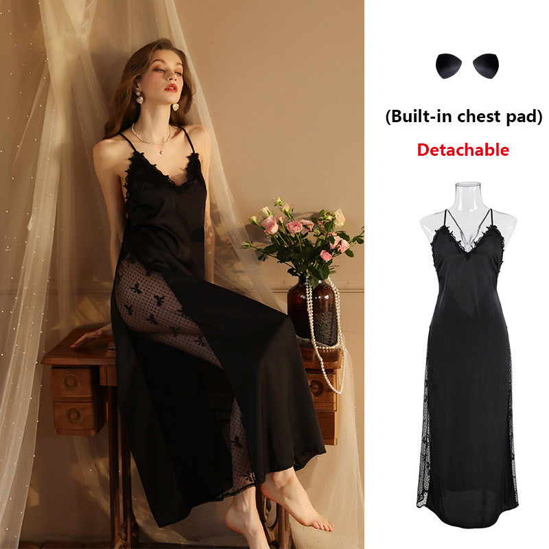 Jauns seksīgs naktskrekls, pagarināts peldmētelis, sieviešu naktskrekls ar garām piedurknēm, atlasa caurspīdīgs mājas apģērbs, plānas mežģīņu bantes pidžamas