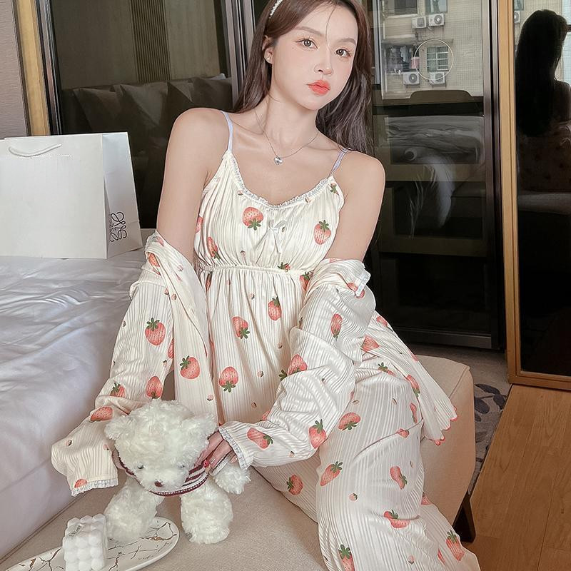 Σετ πιτζάμες Γυναικεία νυχτικά Γλυκό στυλ Φοιτητικό Λεπτό Φθινοπωρινό Μόδα Καυτή Έκπτωση Εκτύπωση Απλή Υπέροχη Πυτζάμες Basic Lounge 3 τεμ.