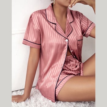 2022 Γυναικεία Sleepwear Summer Pijama Σετ ροζ πουπουλένιο γιακά ψεύτικο μεταξωτό σατέν κοντομάνικο μπλουζάκι + σορτς Γυναικεία φόρμα για σπίτι πιτζάμα