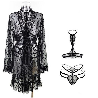 Fekete Gauze Dot bikini szett szempilla csipke átlátszó kimonó köntös övvel, otthoni ruházat alvó női szexi köntösök fürdőköpeny hálóing