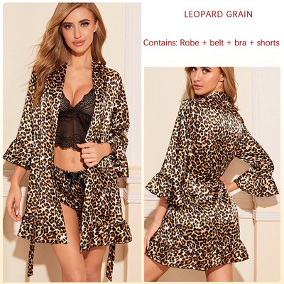 QSROCIO női pizsama köntös 3 részes szett V nyakú selyem mint hálóköpeny Szexi csipke melltartó felső rövidnadrág fürdőköpennyel Hálóruha nappaliruha