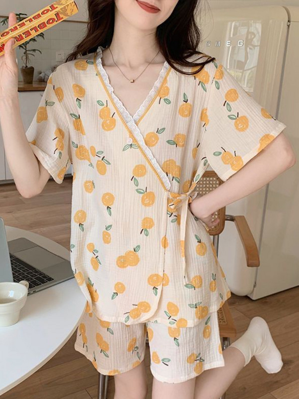 Pidžamu komplekti Sieviešu mežģīņu augļu apdruka Ērts japāņu stila atpūtas apģērbs Salds skolnieču personība ikdienišķa mode, viss atbilst