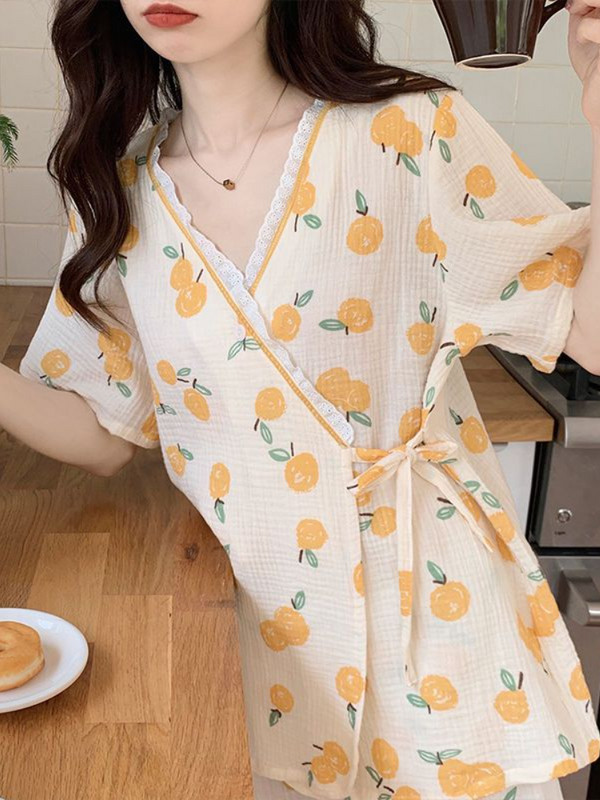 Pidžamu komplekti Sieviešu mežģīņu augļu apdruka Ērts japāņu stila atpūtas apģērbs Salds skolnieču personība ikdienišķa mode, viss atbilst