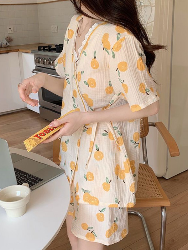 Pidžamu komplekti Sieviešu mežģīņu augļu apdruka Ērts japāņu stila atpūtas apģērbs Salds skolnieču personība ikdienišķa mode, viss atbilst