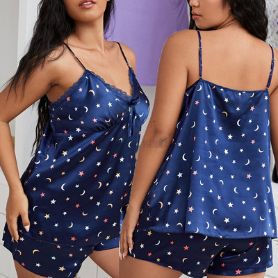 Pidžamas Divdaļīgs Cami&Šorti Apdruka Moon&Strar Pour Femme Mājas Apģērbi Satīna Miega komplekts Vasaras naktskrekls Guļambikses atpūtas apģērbs